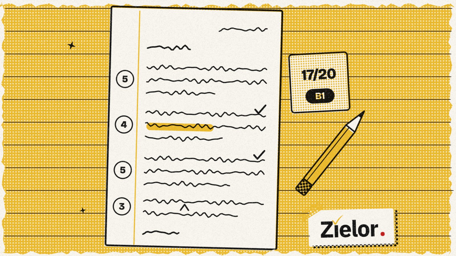 Illustration: ein handgeschriebener Brief mit Punkten und Häkchen am Rand und einer Bewertung von 17 von 20 Punkten, B1