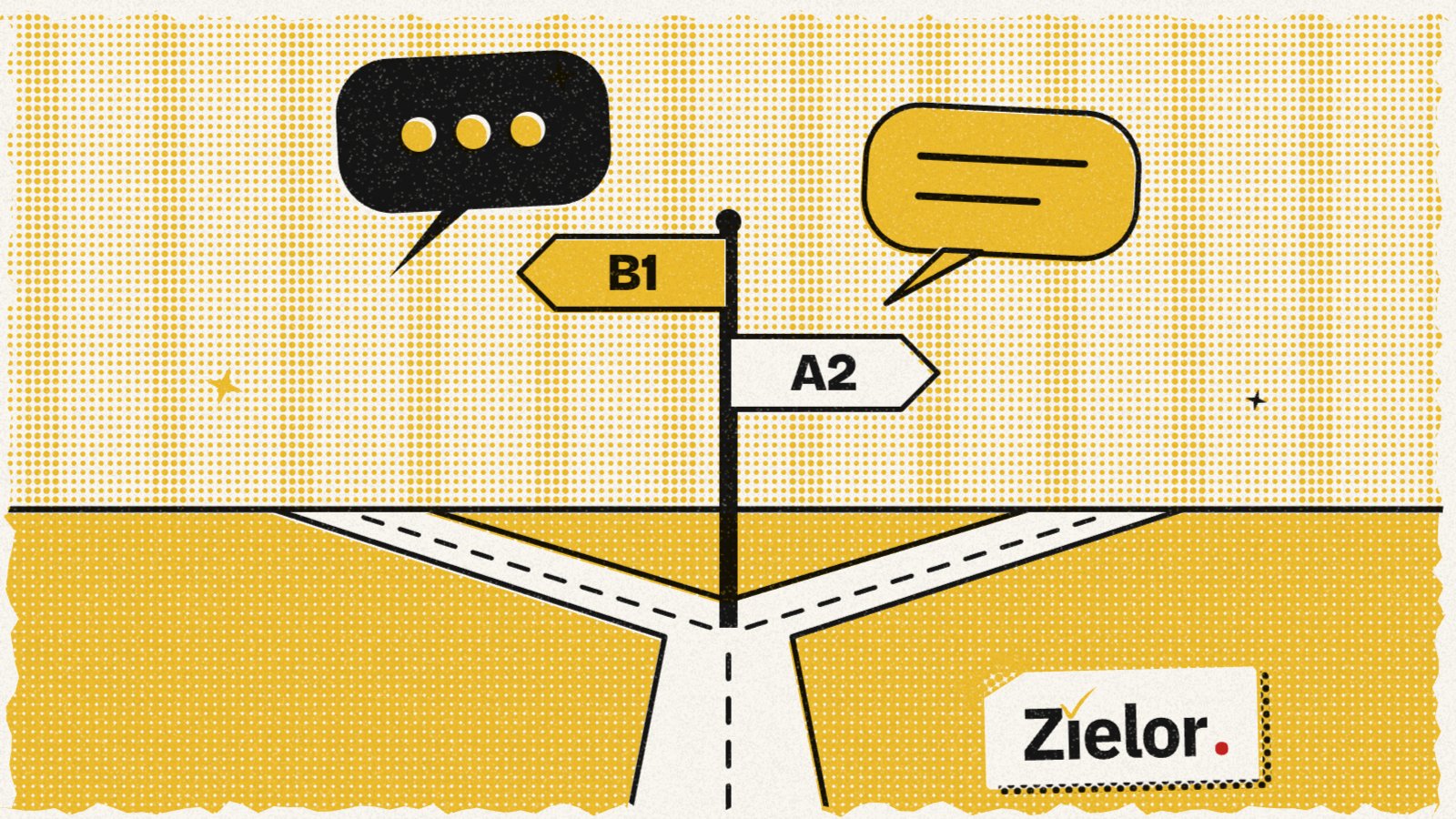 Illustration: zwei Sprechblasen über einer Weggabelung mit Wegweisern zu B1 und A2