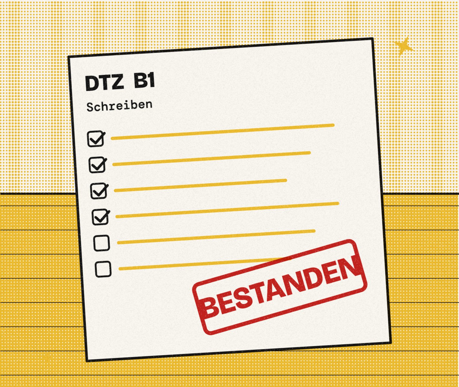 Illustration: Ein Prüfungsbogen mit angekreuzten Kästchen und dem Stempel Bestanden